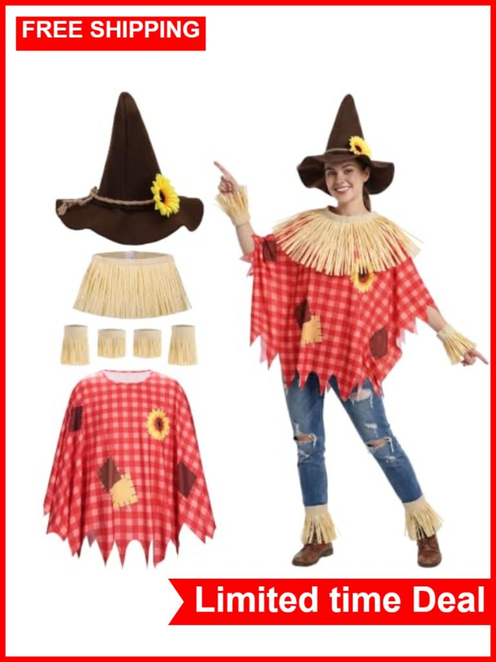 Scarecrow Costume Set Adult Poncho Felt Hat Raffia Halloween Cosplay Dress Up